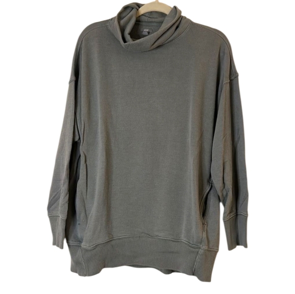 AERIE Relaxed Fit Cowl Neck Soft Sweatshirt Green/Gray Pockets Ribbed Hem Sz SM - Picture 2 of 15